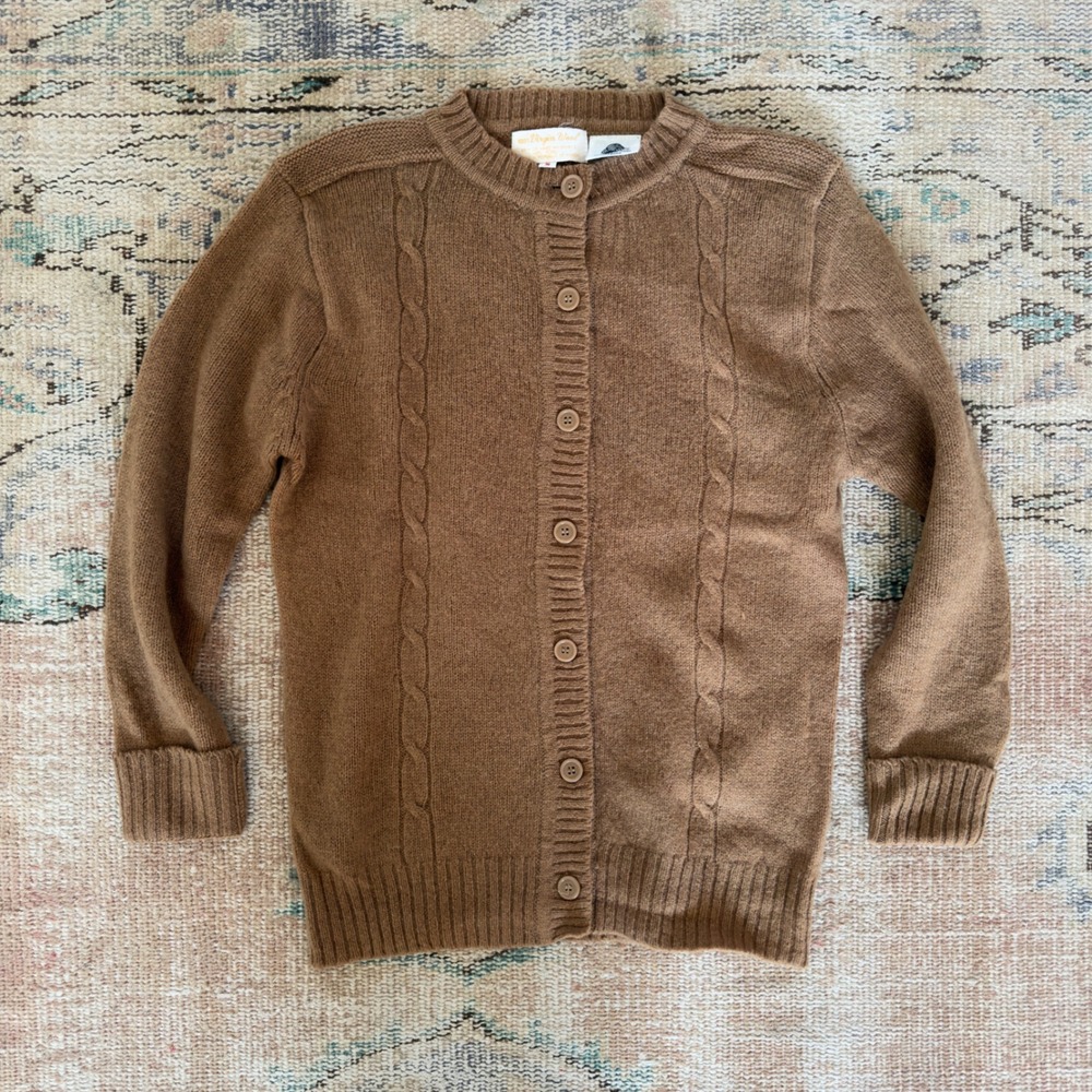 Vintage 100% Virgin Wool Cable Knit Cardigan Sweater Brown Small Crew Neck Korea